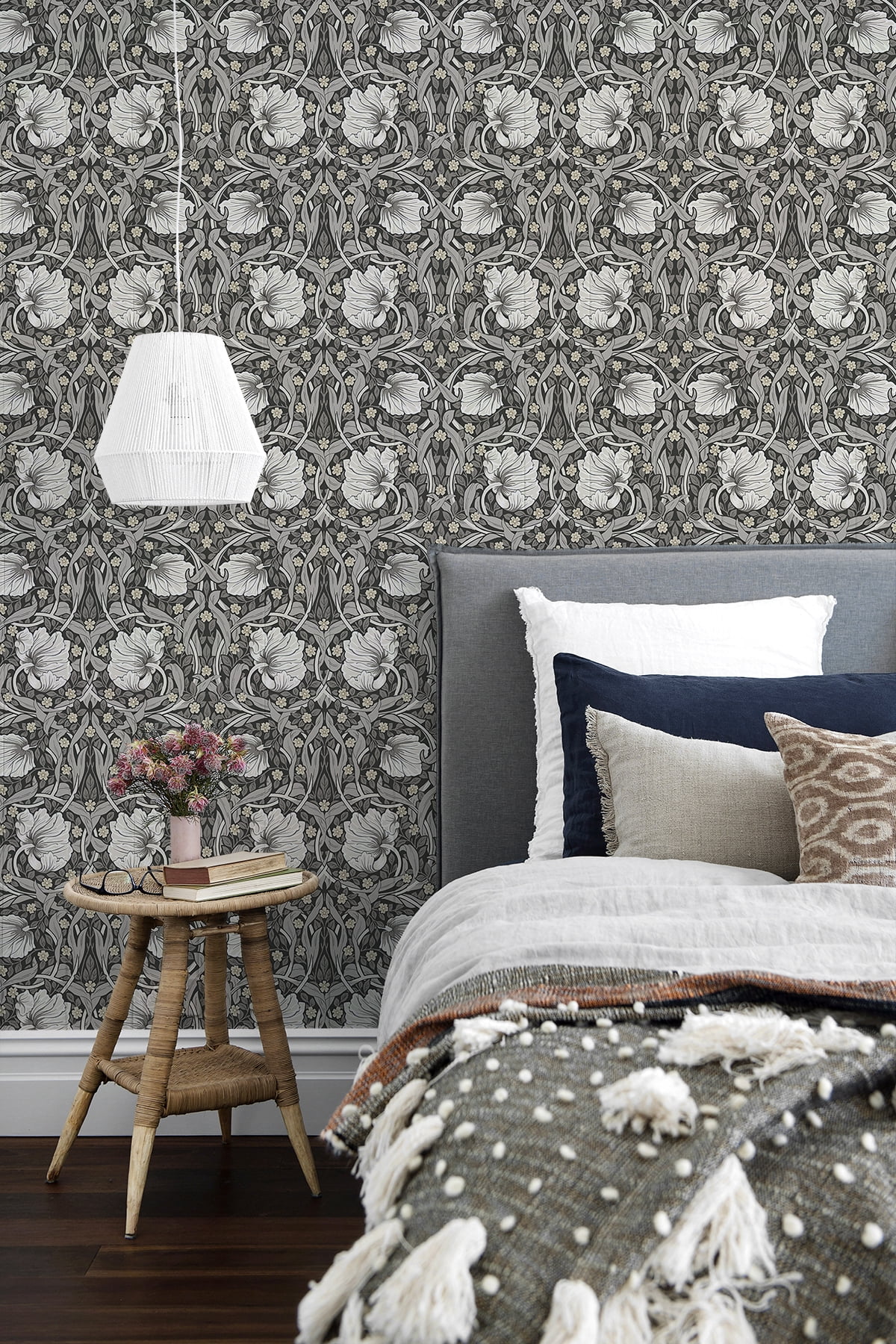 NextWall Charcoal & Pearl Grey Pimpernel Floral Peel and Stick Wallpaper