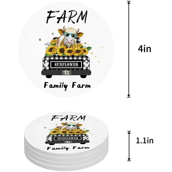 ZHANZZK Vintage Farm Buffalo Check Plaid Truck with Cow Sunflower Set of 6 Round Coaster for Drinks, Absorbent Ceramic Stone Coasters Cup Mat with Cork Base for Coffee Table Bar Decor