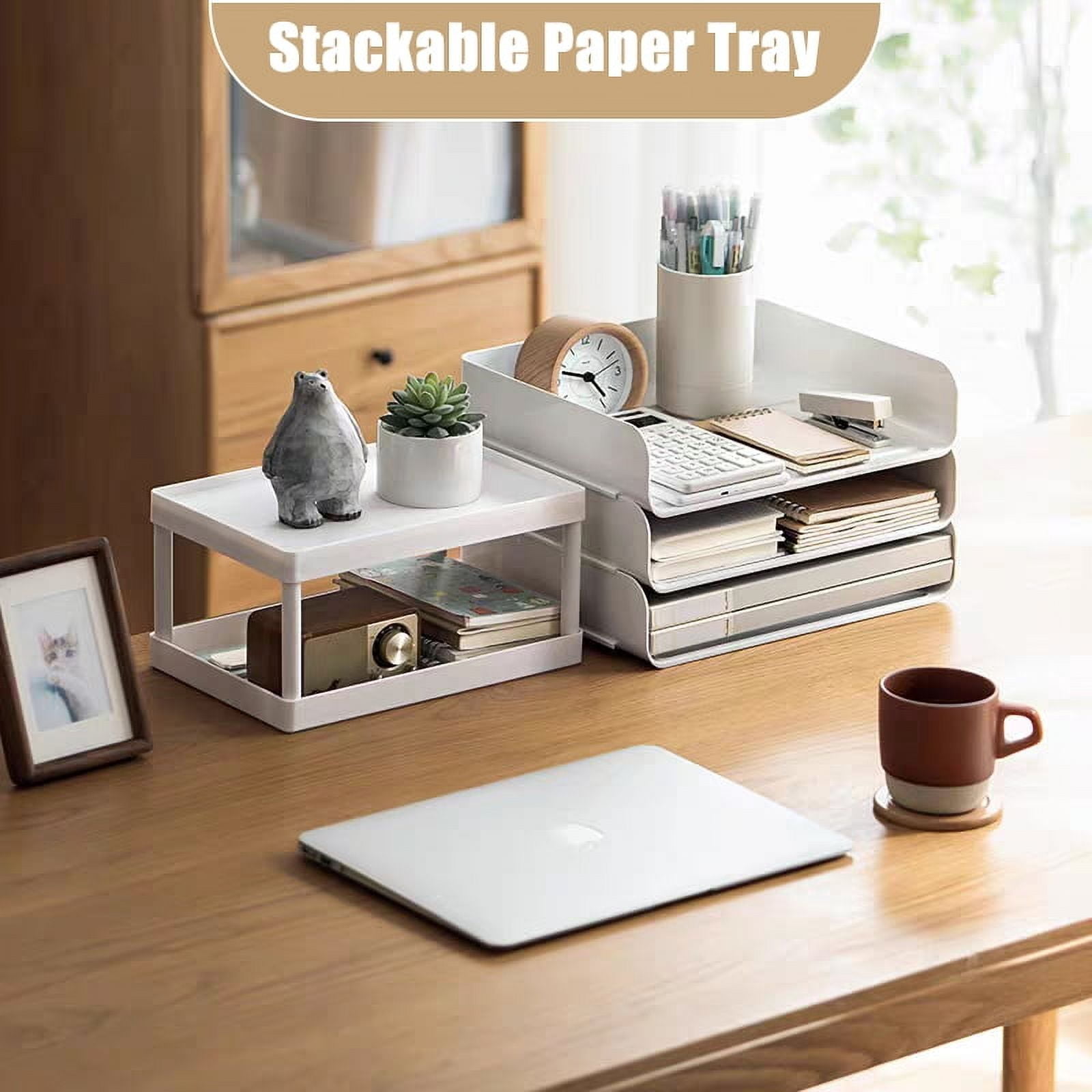 Stackable Paper Trays 4 Pack, Desk Letter Tray Set with 4 File Bags, Stackable Desk Organizer for Books, Magazines, Folders, A4 Size File Paper, Notes, Pens (White)