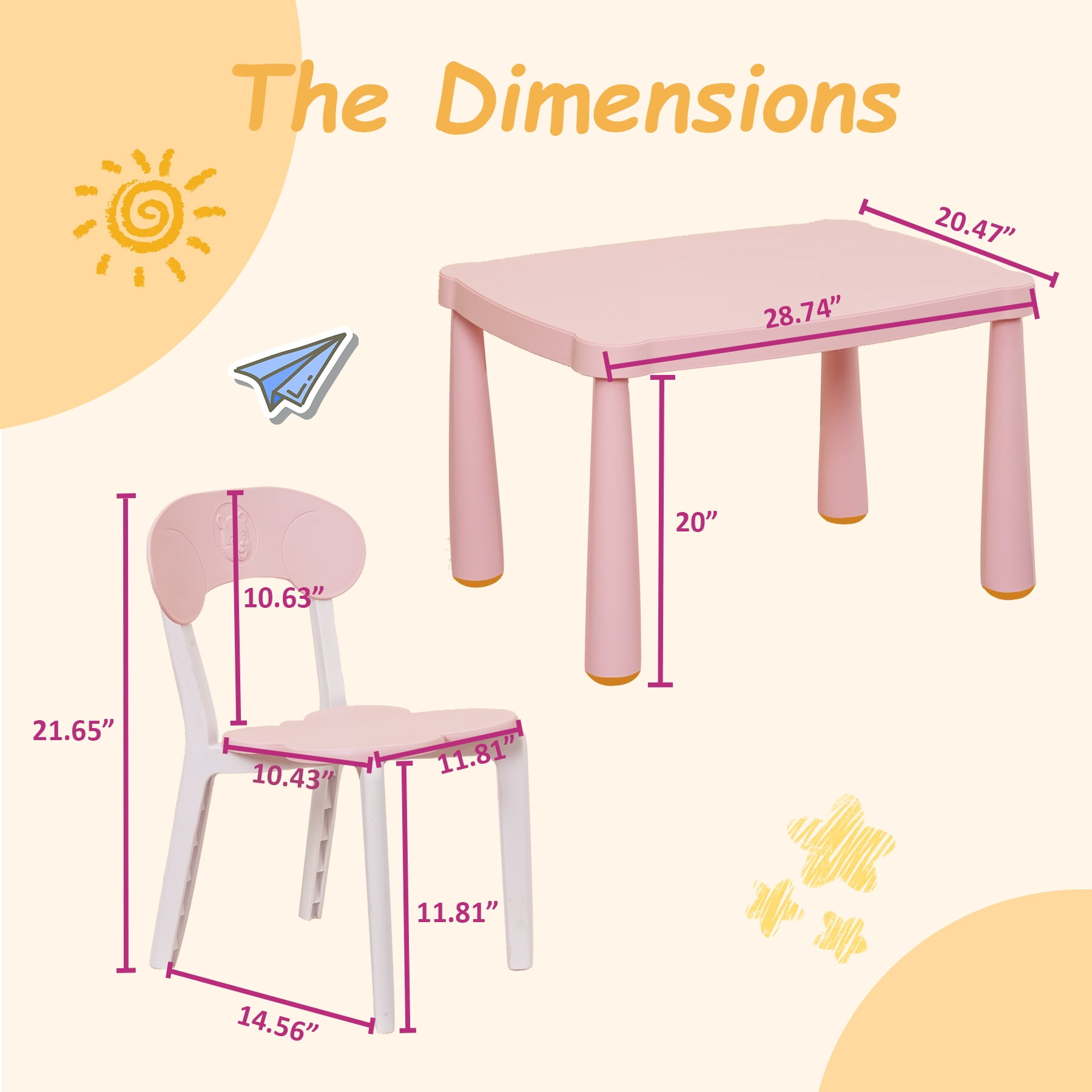 Domi Kids 3 Piece Plastic Toddler Table and Chair Set, Children Activity Table(White/Pink)
