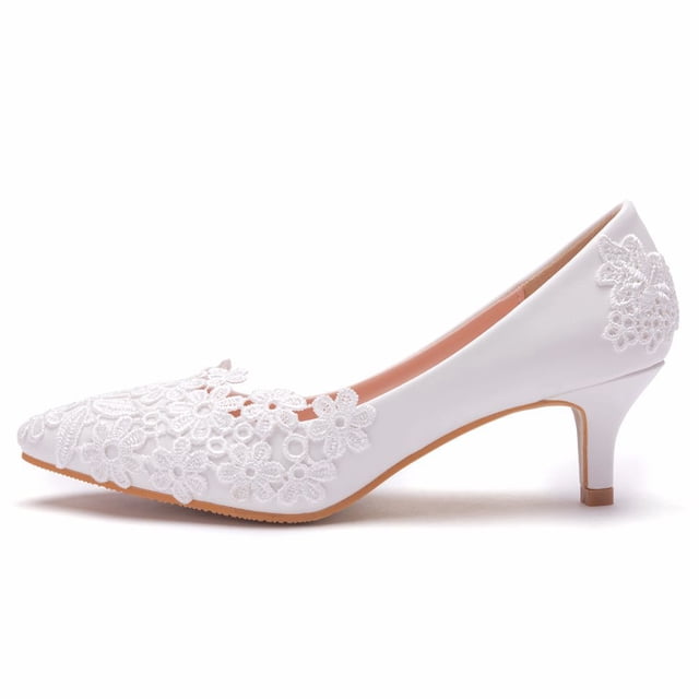 XIHAHA-zapatos de boda con flores de encaje para mujer, zapatillas planas con punta de cristal, color blanco