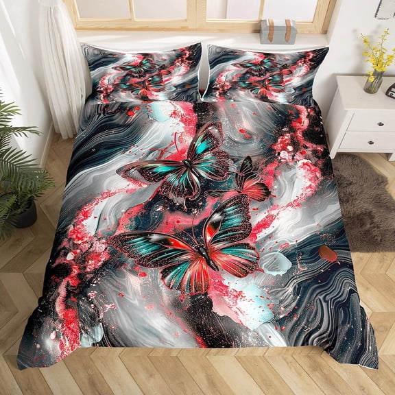 Black Marble Duvet Cover Set Teal Butterfly Comforter Cover,Red Marbling Queen Bedding Sets,Abstract Ombre Ink Fluid Art Bed Set Rustic Animal Dreamy Butterflies Room Decor Aesthetic(No Comforter)