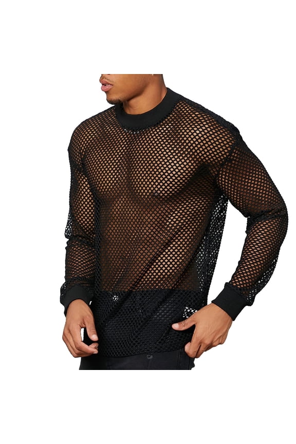 Men's Mesh Fishnet Top Long Sleeve Sheer See Through T Shirt Fitted Muscle Blouse Clubwear