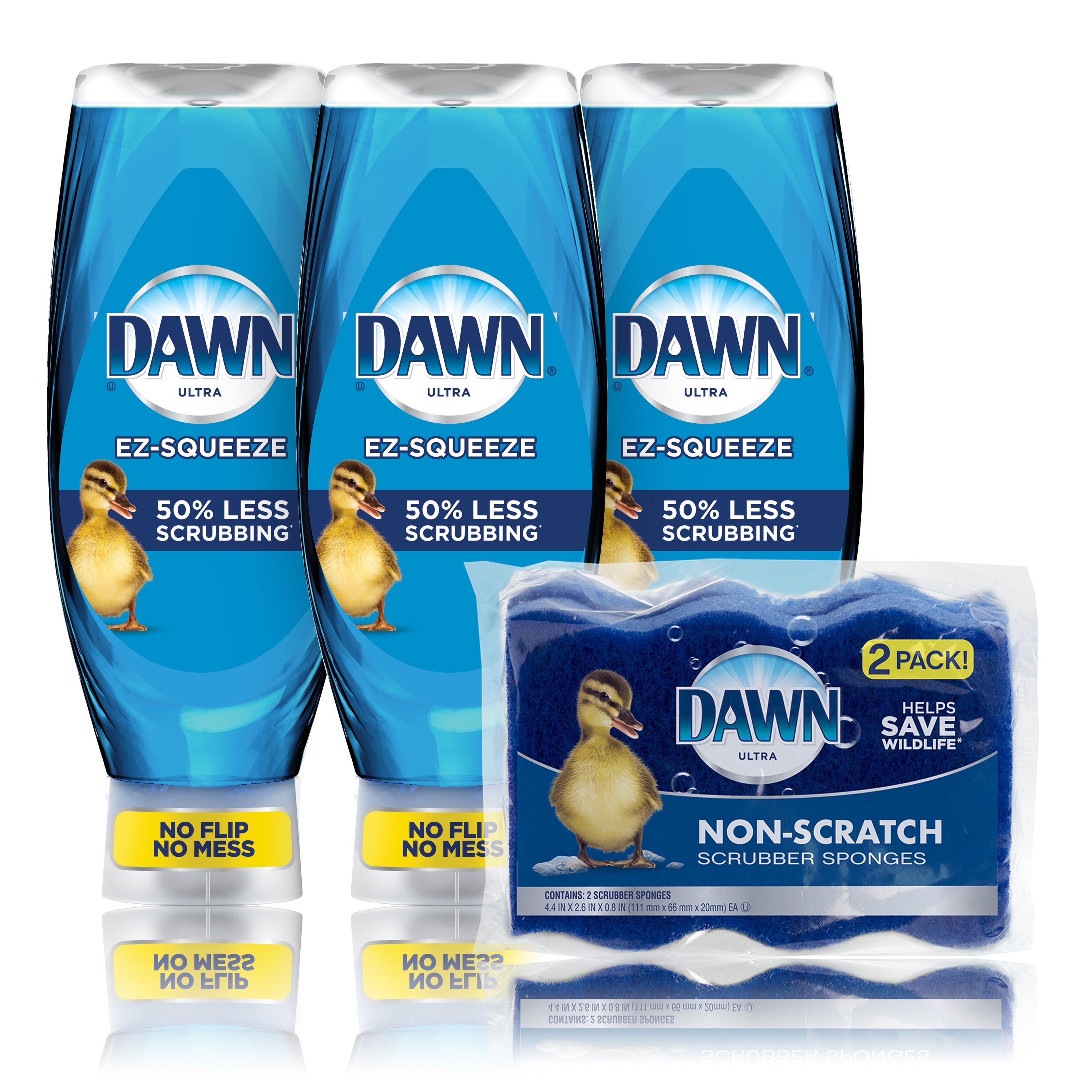 Dawn Liquid Dish Soap, Original Scent, 22 Ounce, 3 Count with 2 Non-Scratch Scrubber Sponge