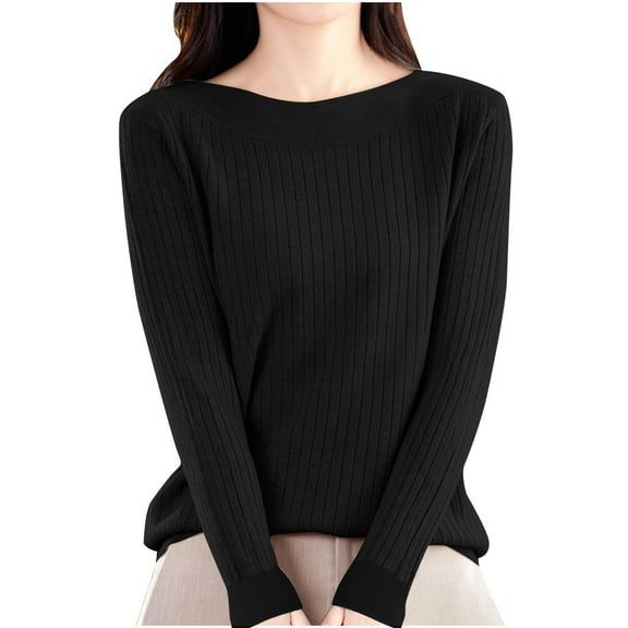 Fmbrln Womens Casual Solid Basic Knitted Sweaters Fall Winter Fashion Long Sleeve Crew Neck Pullover Tops Loose Comfy Sweaters Black L