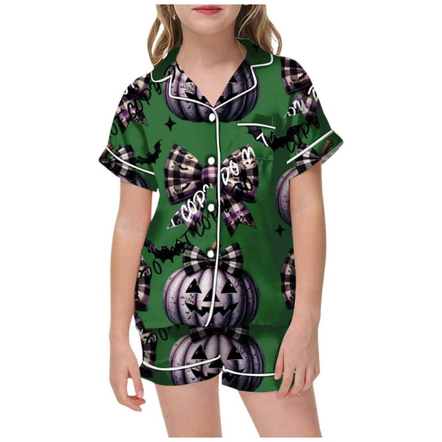 Ediodpoh Halloween Girls' Summer Outfits - Two Piece Set Featuring Short Sleeve Button Down Tops with Patterns Paired with Comfortable Shorts for Kids Casual Wear Army Green 10-11 Years