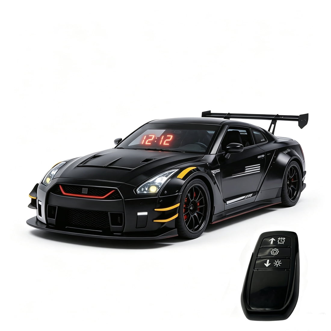 Aluminum Alloy Sports Car Alarm Clock with RC, Engine Sound, LED Display, Spray, Lights and Opening Parts, Rechargeable Battery - Black