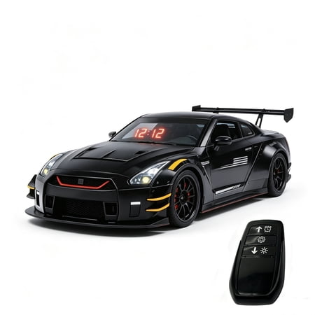 Aluminum Alloy Sports Car Alarm Clock with Engine Sound Effects, LED Digital Display, RC, Spray Lighting Effects, Opening Doors/Hood/Trunk Desk Clock with Adjustable Volume, Desktop Decor (Black)
