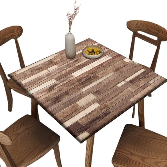 Elastic Edge Square Fitted Tablecloth, Brown Wood Grain Polyester Table Cover, for Outdoor Picnic Camping and Indoor Kitchen Dining Party, Fit for 36" x 36"Square Table