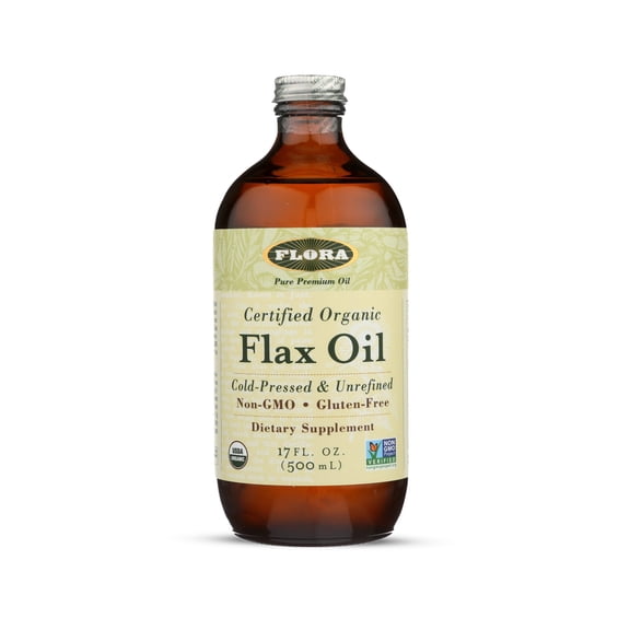 Flora Certified Organic Flax Seed Oil - Cold Pressed & Unrefined - Non-GMO, Gluten-Free, Kosher Omega Flax Oil Blend - Essential Fatty Acids for Wellness - Amber Glass Bottle - 17 fl oz