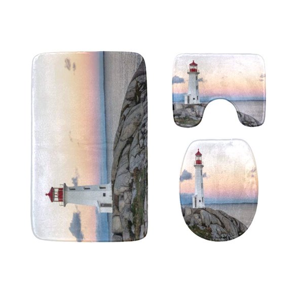 EREHome A Shining Lighthouse 3 Piece Bathroom Rugs Set Bath Rug Contour Mat and Toilet Lid Cover