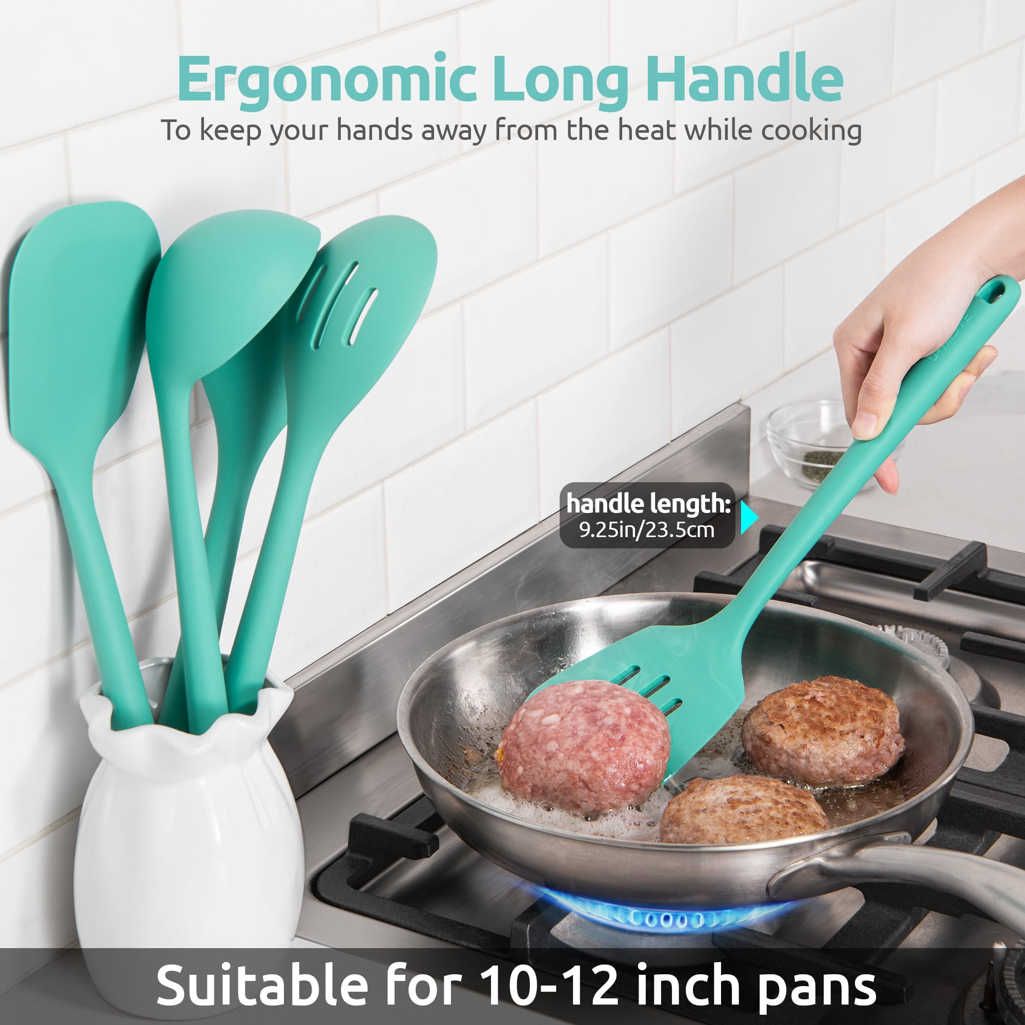 Silicone Kitchen Cooking Utensil Set: U-Taste 446°F Heat Resistant 13.6in Long Kitchen Gadget, BPA Free Non Stick Rubber Cook Accessories For Stir Fry, Serving, Basting, Mixing (5 Pieces, Aqua Sky)
