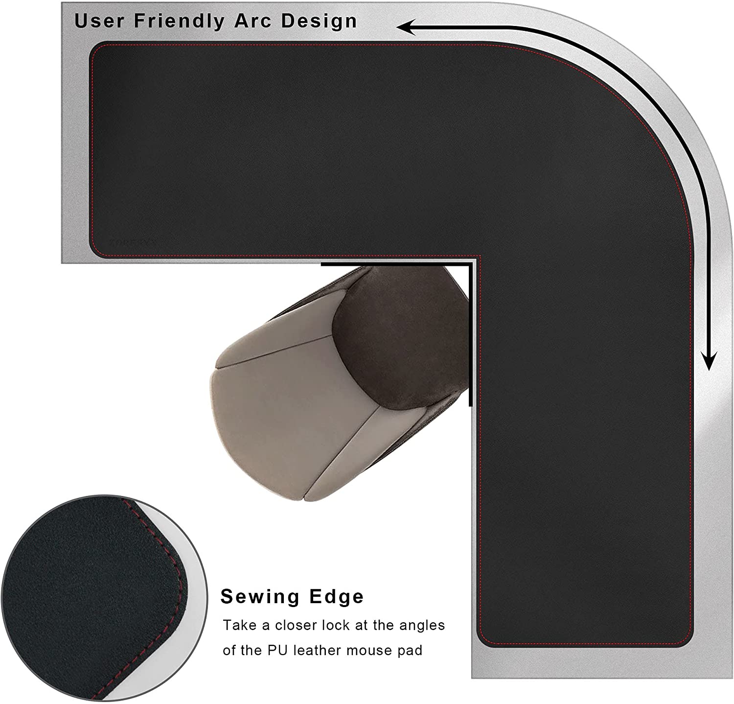 L-Shaped Gaming Desk Mat Mouse pad, Computer Corner Desk Pad, 47" Home Office Writing Desk Pad Protector, Large Waterproof PU Leather Corner Mousepad - Black, (120+120) x40cm