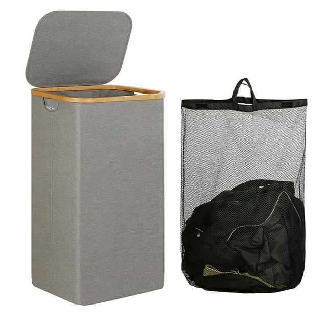 Bamboo-Handle Laundry Basket with Lid – Foldable Clothes Hamper for Bedroom, Bathroom, or Dorm