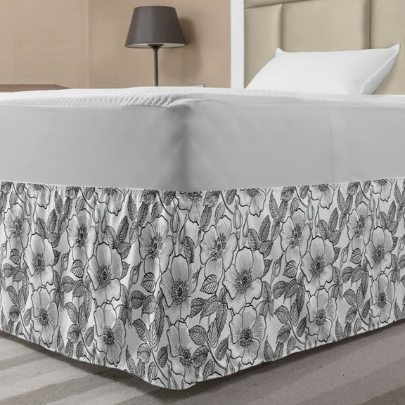 White Bed Skirt, Nostalgic Floral Repetition with Sketchy Budding and Blossoming Flowers, Elastic Bedskirt Dust Ruffle Wrap Around for Bedding Decor, 4 Sizes, Charcoal Grey and White, by Ambesonne