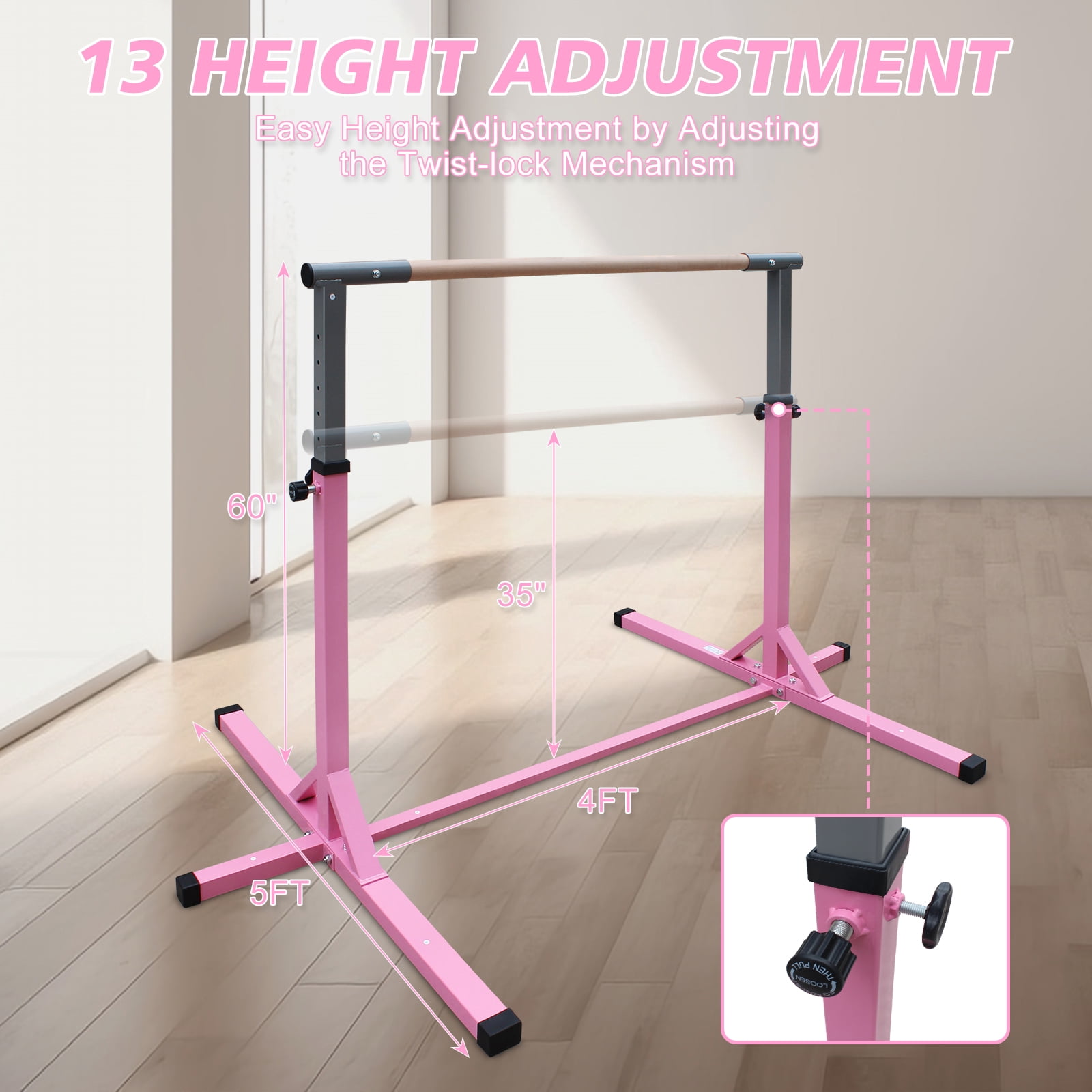 EUROCO Expandable Gymnastics Bar for Kids, Height Adjustable Horizontal Training Bar Home Gym
