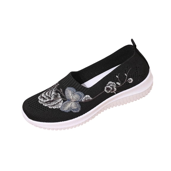Wensltd Women Solid Color Floral Embroidered Knitted Ballet Flats Comfy Lightweight Round Toe Casual Walking Shoes