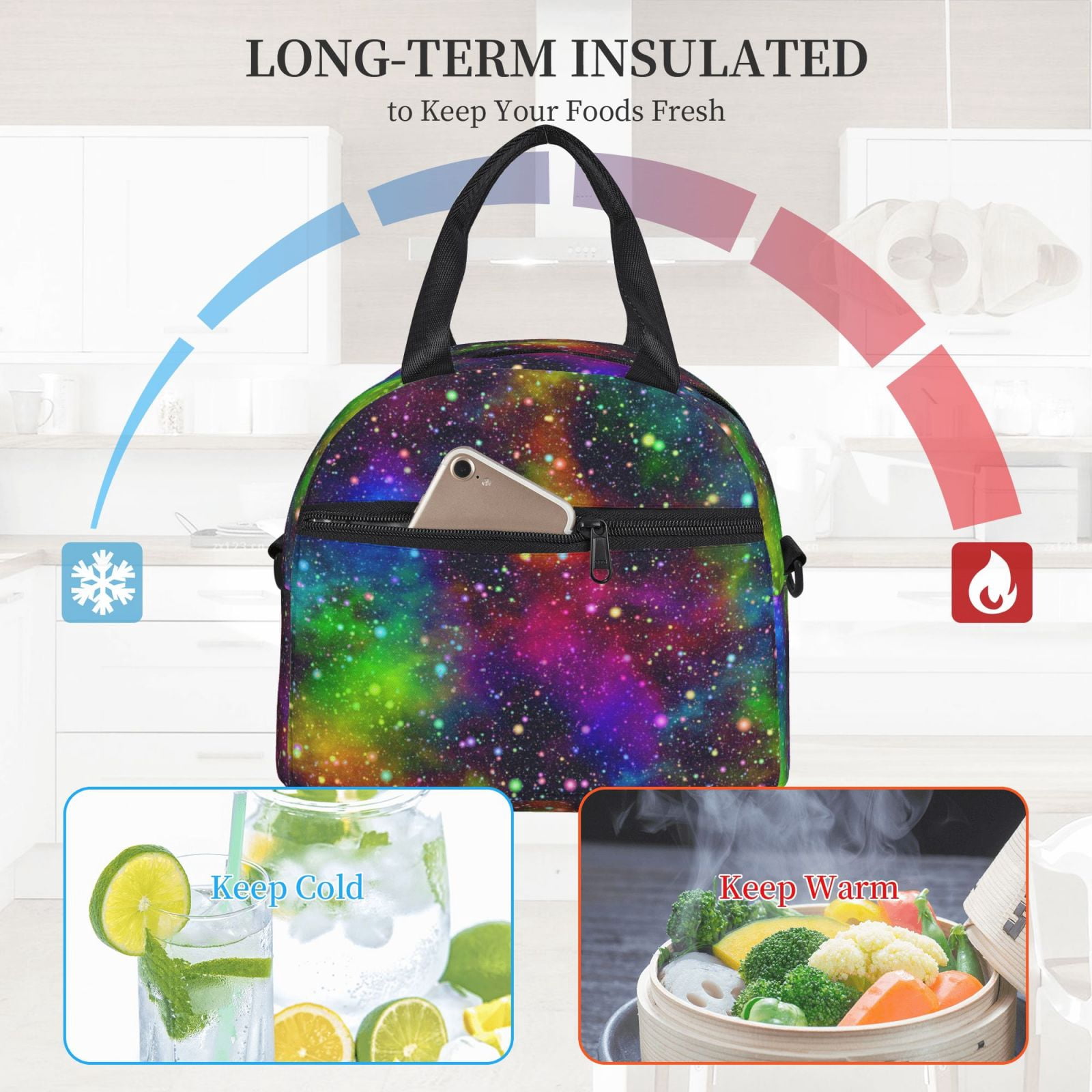 Xecao Bright Universe Print Insulated Lunch Box, Lunch Cags Lunch Bag Featuring An Adjustable Shoulder Strap