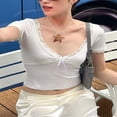 thumbnail image 3 of Femmes Recadrage Manches Courtes Tops Dentelle Patchwork Été T-Shirts de Base, 3 of 8