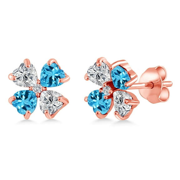 Gem Stone King 18K Rose Gold Plated Silver Lab Grown Diamond and Swiss Blue Topaz Stud Earrings for Women | 2.27 Cttw | Gemstone April Birthstone | Heart Shape 4MM