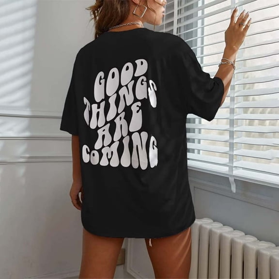 Womens Graphic T-shirts Short Sleeve Crewneck Back Letter Print Tee Cool Loose Summer Tops Black L