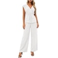 thumbnail image 3 of VBVC Women's Wrap V-Neck 2 Piece Pants Set, Ladies' Tie Waist Top and Wide Leg Trousers Outfit, Casual Sleeveless Workwear For Women,White,S-2XL, 3 of 8