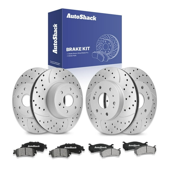 AutoShack Front Vented & Rear Vented Drilled & Slotted Silver Zinc Coated Brake Rotors   Ceramic Pads 12-PC Brake Kit Replacement for 2007 GMC Sierra 1500 Classic SilverShield Pro