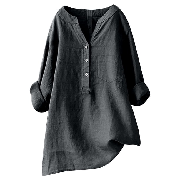 Camisa holgada de lino liso para mujer: manga larga abotonada, cuello mao, mezcla de poliéster, elegante e informal
