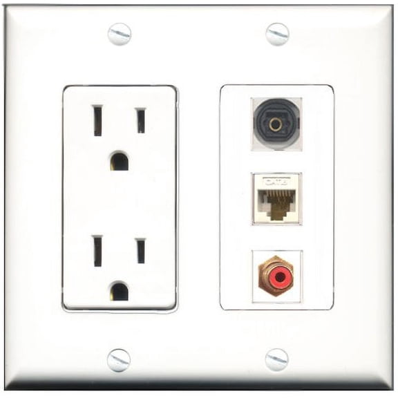 RiteAV - 15 Amp Power Outlet 1 Port RCA Red 1 Port Toslink 1 Port Cat6 Ethernet Ethernet White Decorative Wall Plate