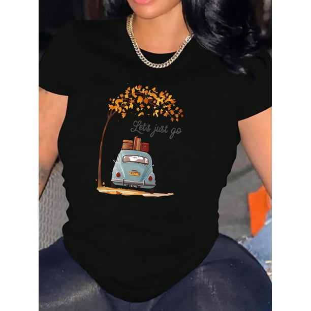 Camiseta De Manga Corta Con Cuello Redondo Para Mujer, Camisetas De Verano Para Uso Diario Y ViajesBus & Tree & Slogan Print Comfy T-Shirt, Round Neck Short Sleeve Sports Tee, Women's ActivewearFath