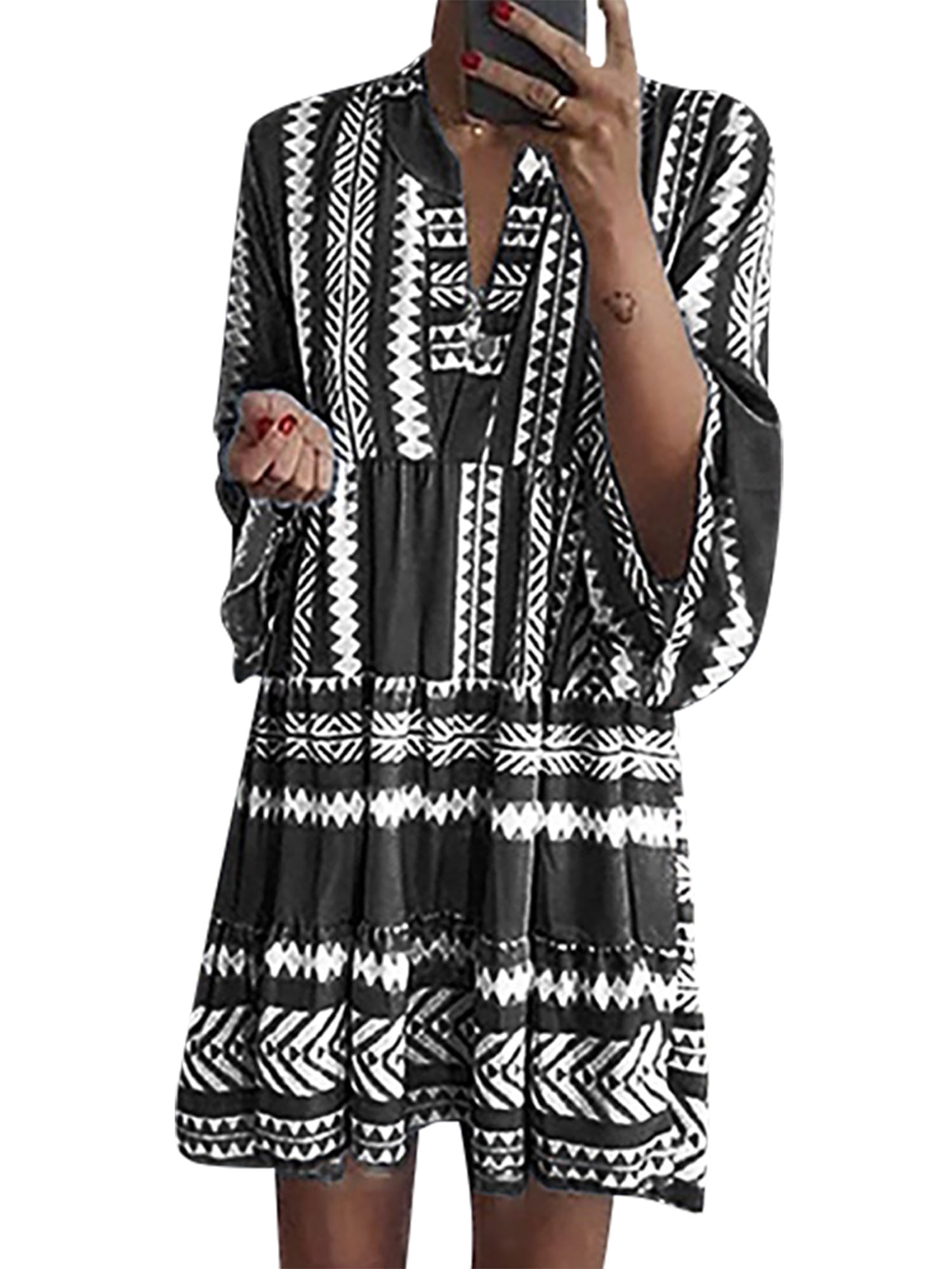 Dymade Women's 3/4 Sleeve V Neck Bohemian Ruffle Midi Dress Flowy Summer Dress, Size: 8, Black