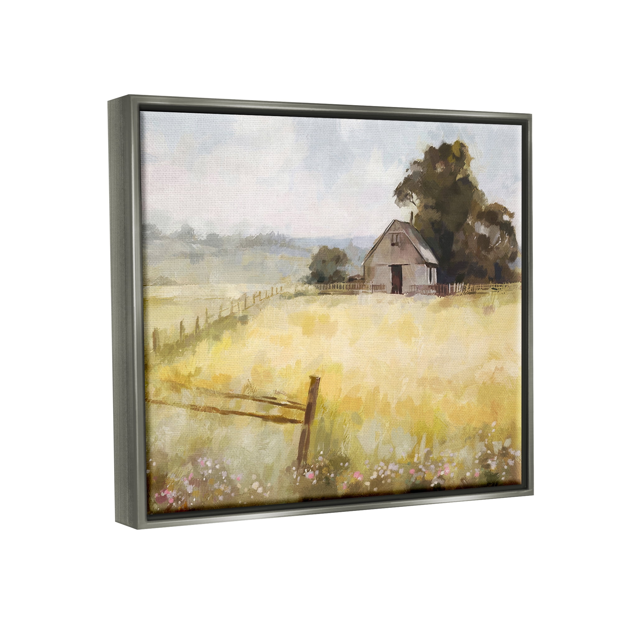Stupell Industries Distant Barn Country Fence Landscape Painting Gray Floater Framed Canvas Art Print Wall Art, 21 x 17