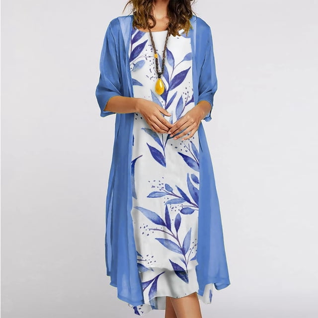 TopLLC Robe Sans Manches Col Rond Mode Femmes Décontractée Imprimé Floral Col Rond Robe Sans Manches Manteau Uni Ensemble Deux Pièces Robe Femmes