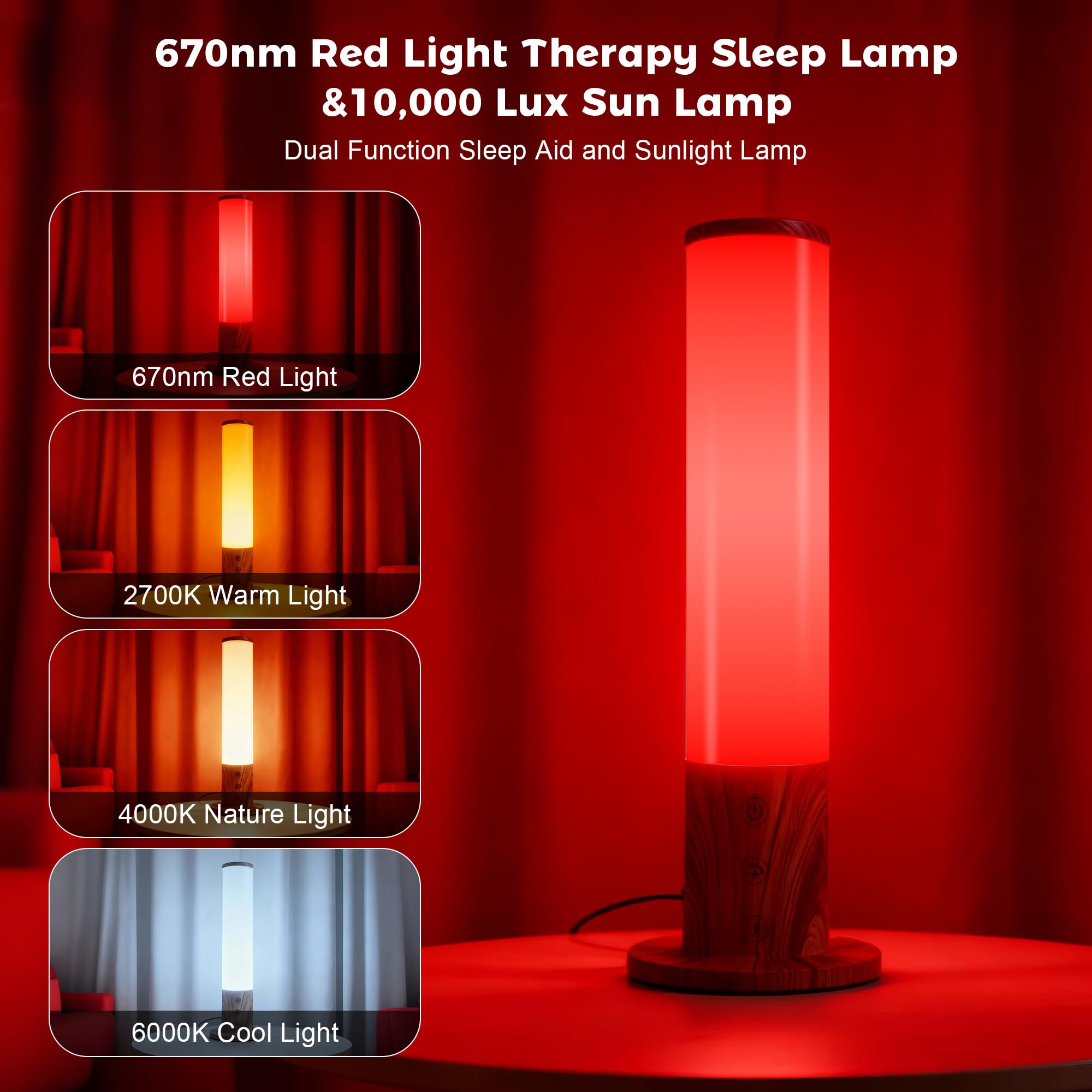 670nm Red Light Therapy & 10,000 Lux Sun Lamp – Dual Mode Happy Light & Sunlight Lamp for Sleep, Relaxation,with Remote Control, Adjustable Timer, Memory Function, and 4 Color Temperatures Sun Lamp