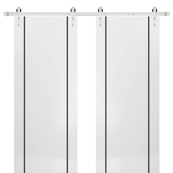 Sturdy Double Barn Door 36 x 80 inches with | Planum 0016 White Silk with Frosted Glass | Stainless Steel 13FT Rail Hangers Heavy Set | Solid Panel Interior Doors