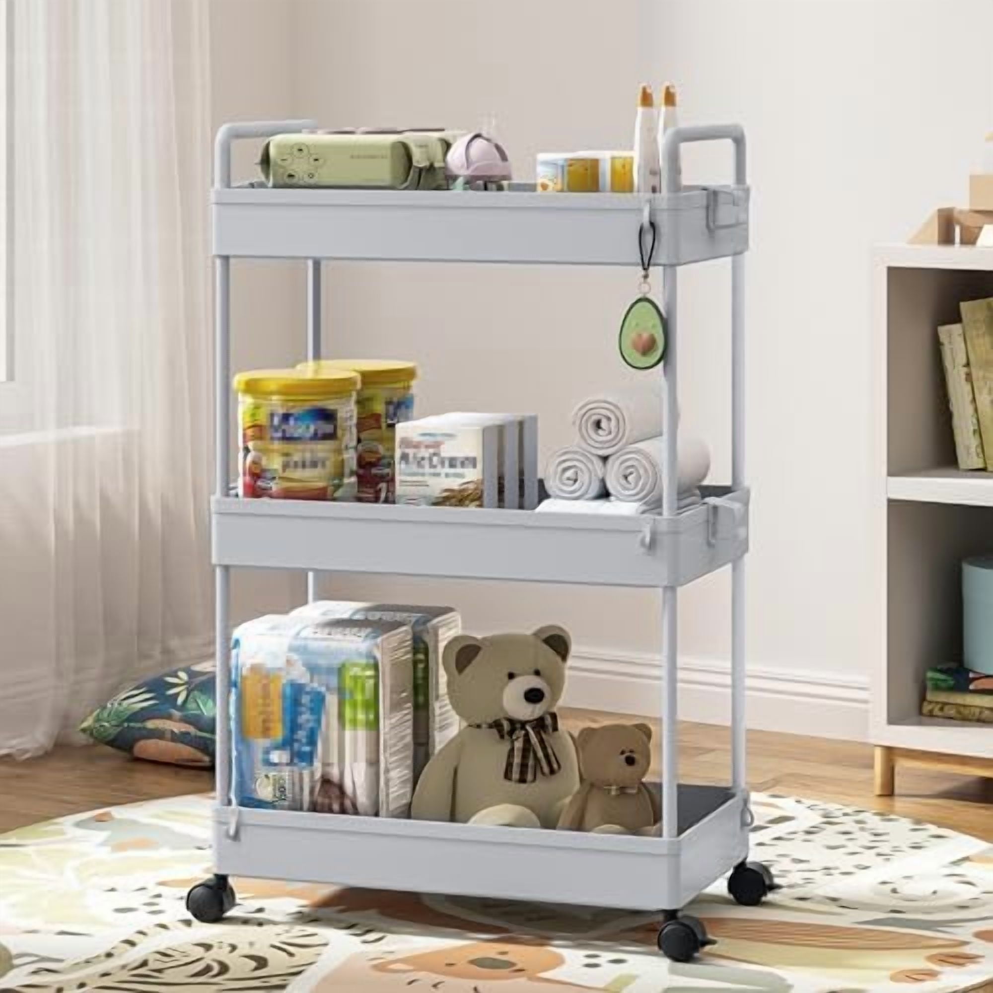 3 Tier Slim Rolling Storage Cart with Wheels Plastic Utility Cart Organizer for Snack Craft Art Postpartum Baby Diaper Nail Makeup in Bathroom Laundry Room Kitchen Bedside Narrow Space, Grey