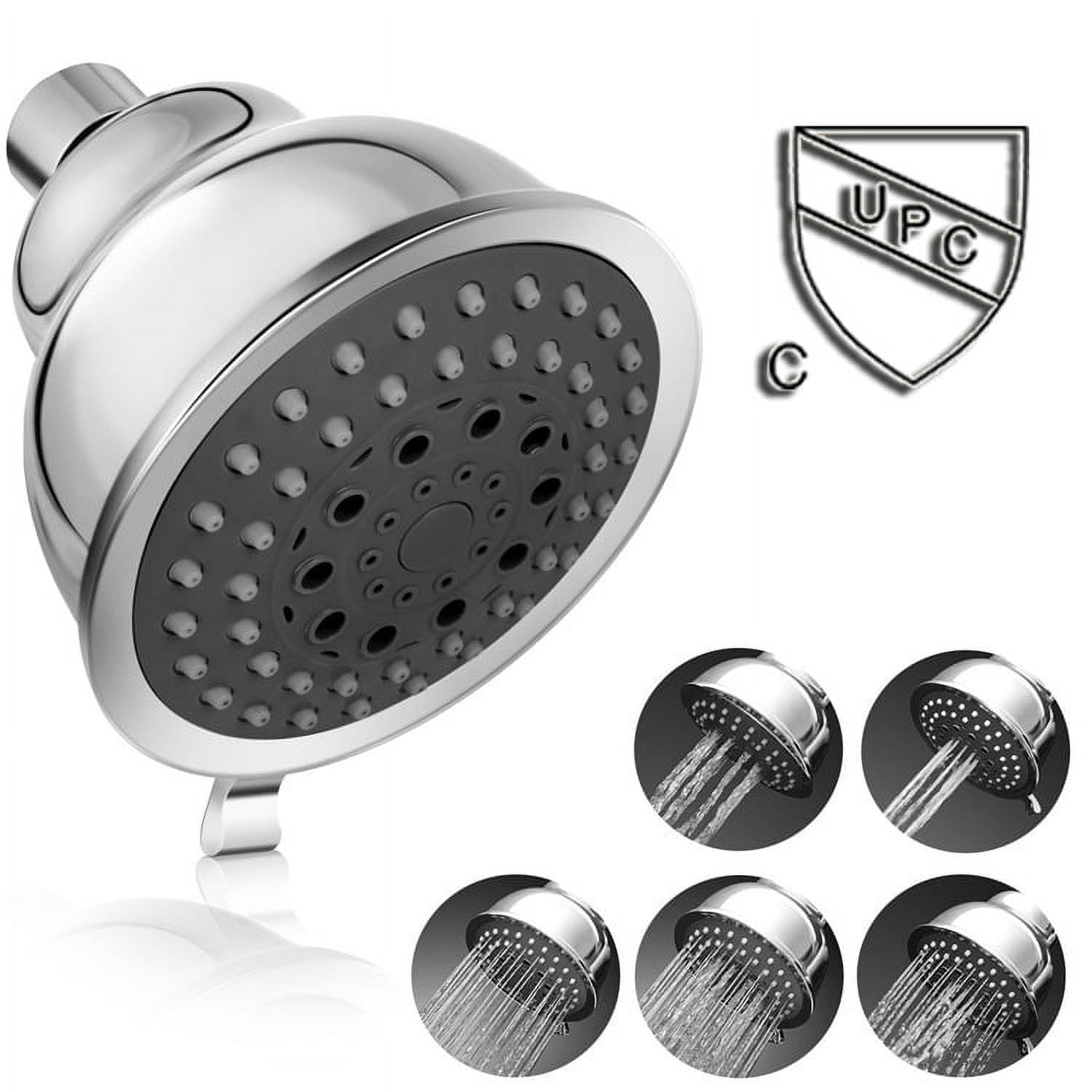 High Pressure Shower Head, Chrome Rain Shower Head, Powerful Deluxe Bathroom Fixed Showerhead Withng Spray Stream and Small Silicone Nozzles - 5 Settings with Adjustable Metal Swiv