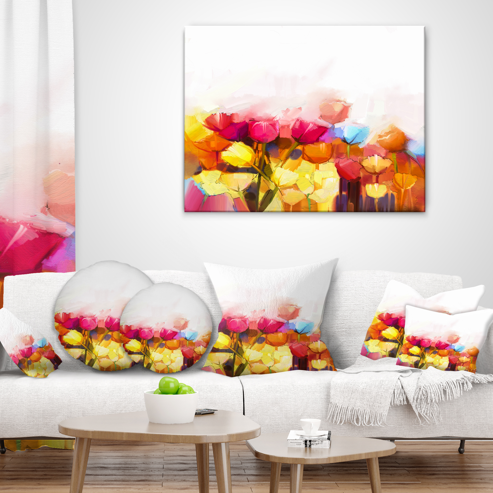 Designart Yellow Pink Red Tulips on White - Floral Throw Pillow - 16x16