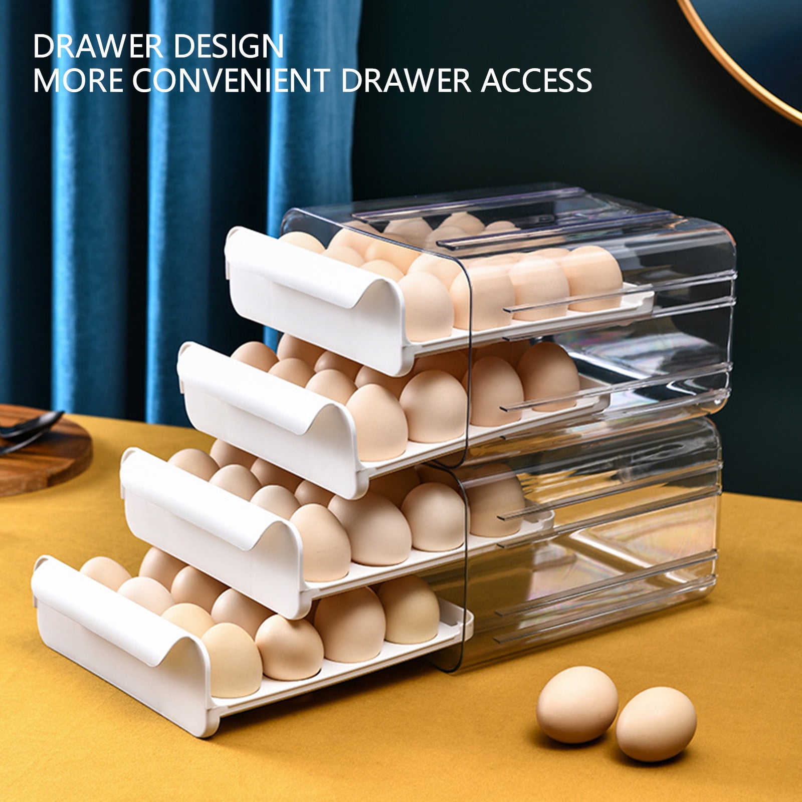 Deeceymbur Stackable Eggs Holder for Fridge Refrigerator Eggs Storage Drawer-Type Eggs Storage Box Eggs Organizer Kitchen Thickened Large-Capacity Eggs Tray