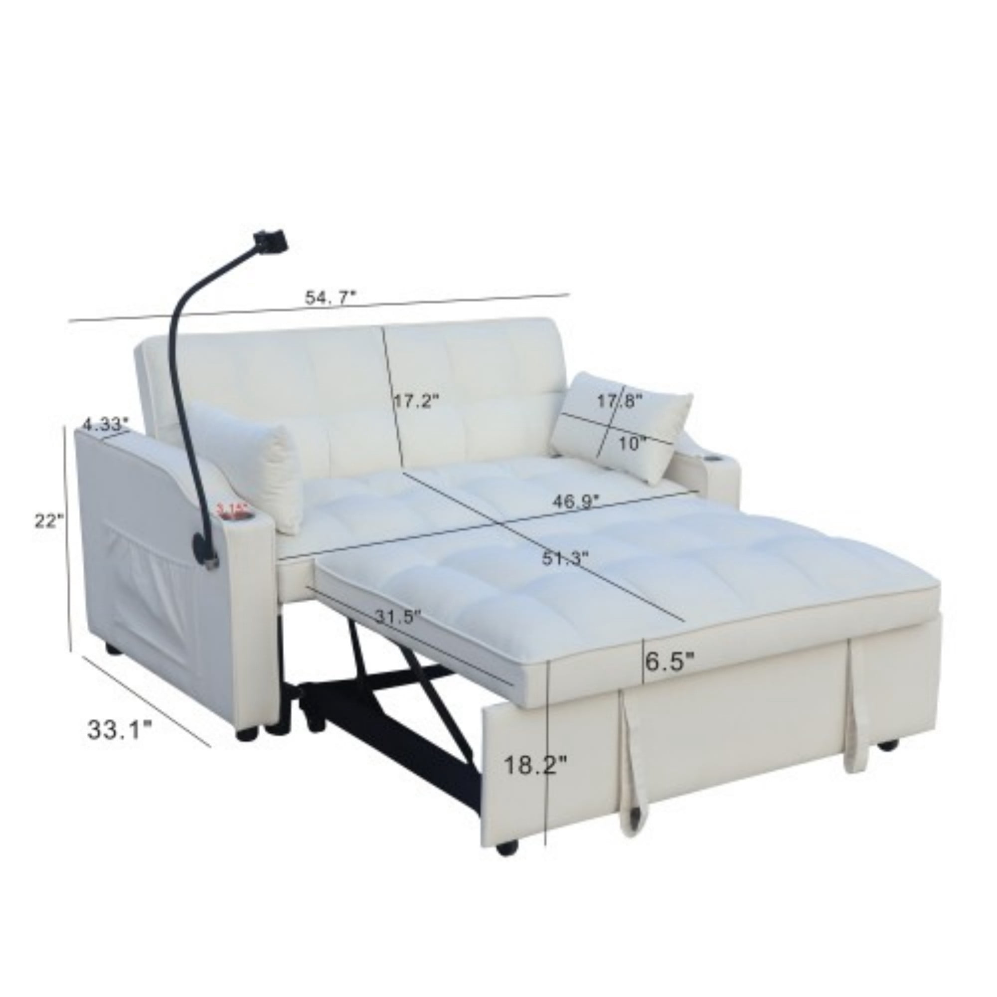 Velvet Loveseat Sofa Bed, 3-in-1 Convertible Sleeper Couch with USB Ports, Phone Holder & Pullout Bed, Beige