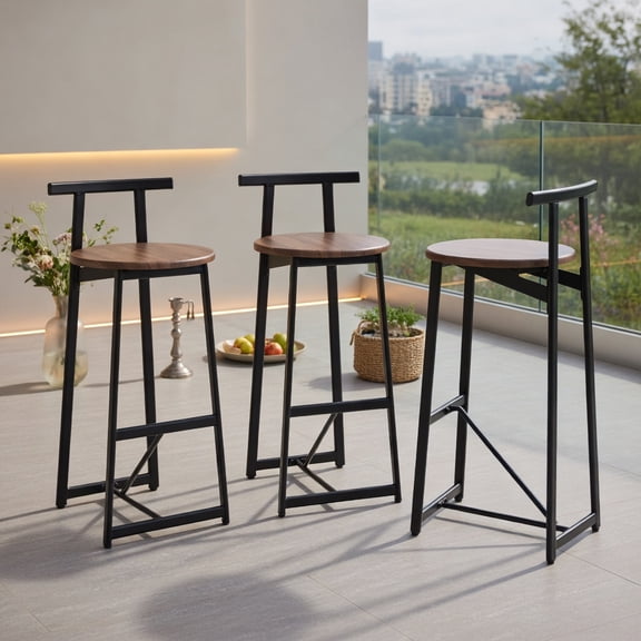 Topcobee 3-Piece Counter Height Bar Stool Set, Bar Stool Set of 3, Walnut Brown Seat with Black Powder-Coated Steel Frame, Back Armless Dining Chairs for Kitchen Island, Dining Room & Home Bar