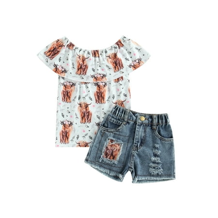 

Western Kids Girls Clothes Sets Cattle Flowers Print Off Shoulder T Shirts Elastic Ripped Denim Shorts