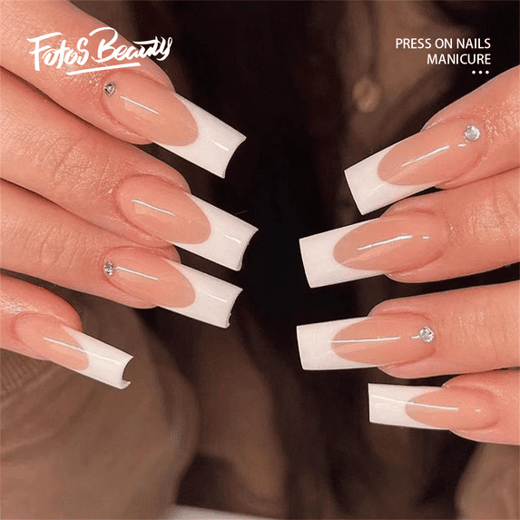 Fofosbeauty 24pcs Press on False Nail Tips Extra Long Coffin Manicure Full Cover Fake Nails,Transparent White Edge Rhinestone