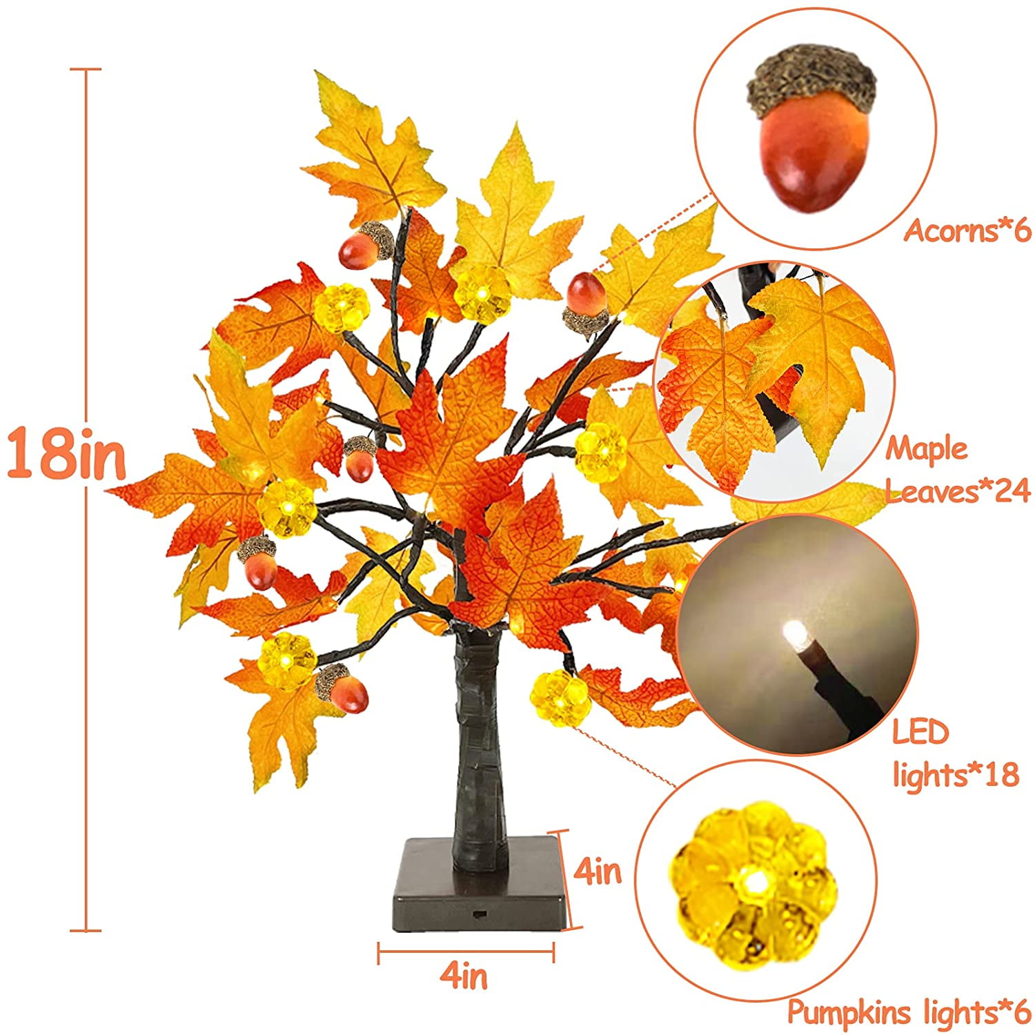 TURNMEON 18'' Fall Lighted Maple Tree with Timer 24 Pumpkin Lights Battery Operated Lighted Artificial Maple Leaf Tree for Fall Decor Thanksgiving Autumn Harvest Home Tabletop Indoor Decorations