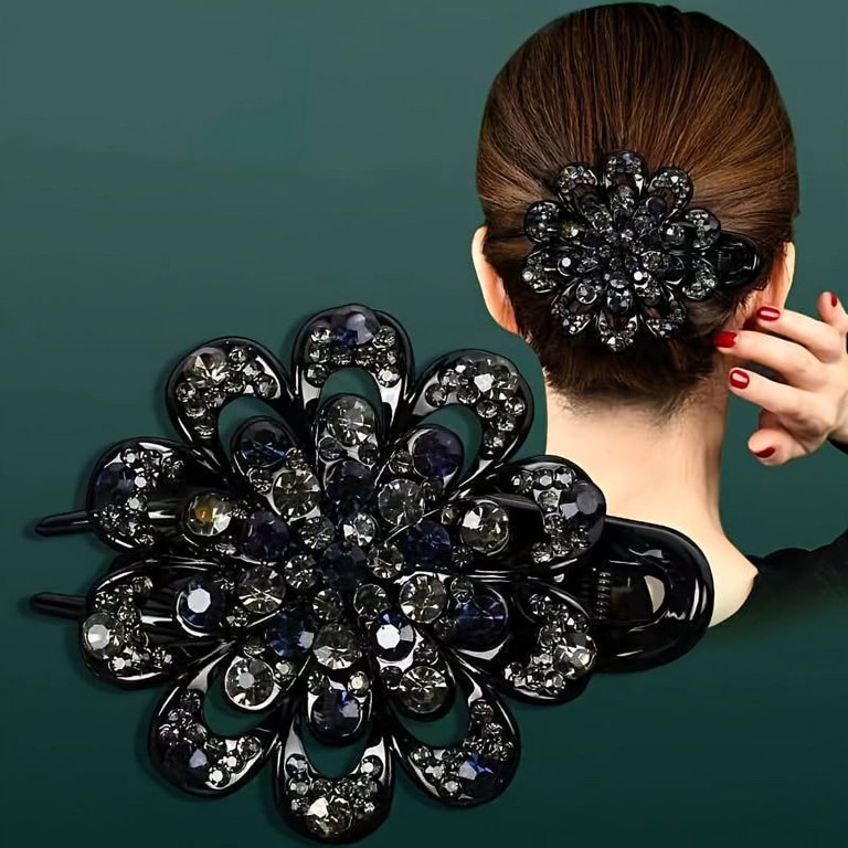NEW! Black and Silver Flower Crystal Hair Clip Amazon.com : Teyglen Crystal Bridal Hair Clip Wedding Flower  main image 3