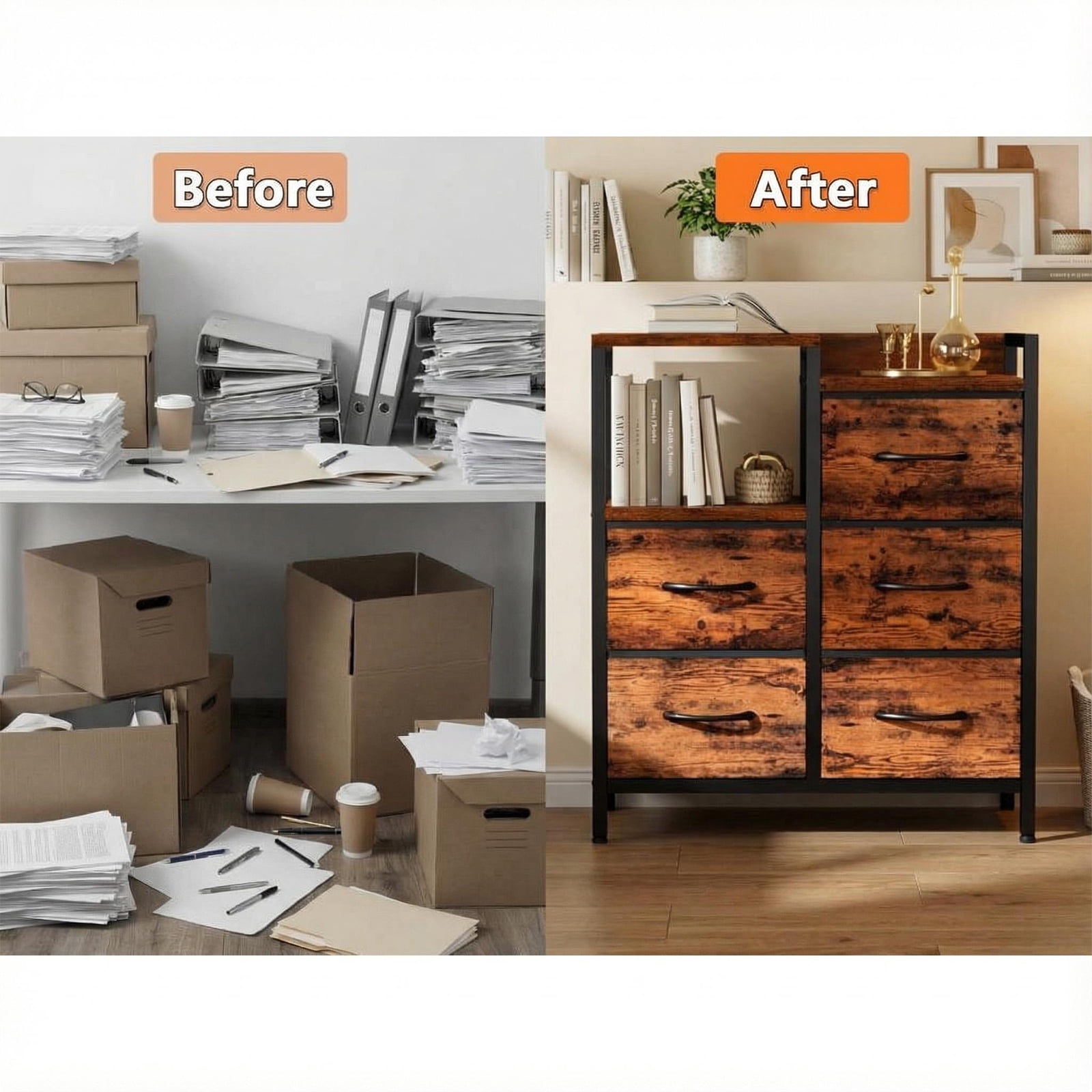 5-Drawer Mobile Lateral File Cabinet Organizer - Open Storage Shelf, Rolling Printer Stand, A4/Letter File Holder, Under Desk Office Storage, Rustic Brown
