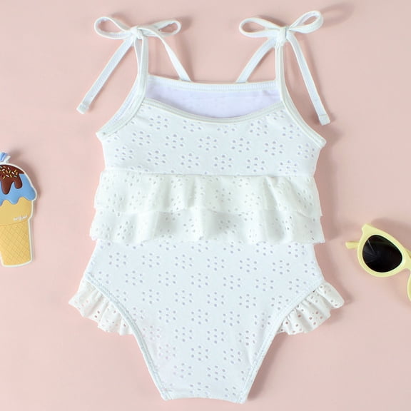 Gyujnb Girls Sleeveless Tie Shoulder One Piece Swimsuit Cute Eyelet Ruffle Lace Soft Cup Casual Kids Beach Bathing Suit,9-26 Months
