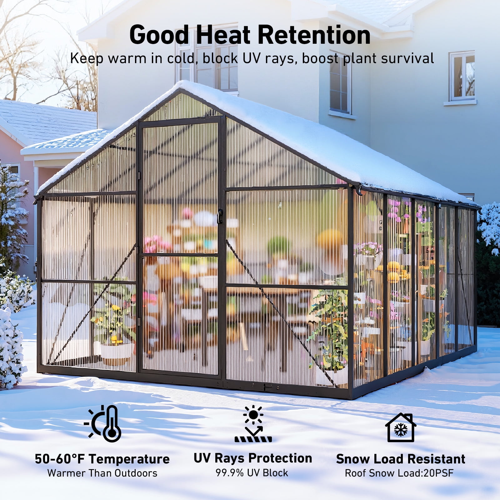 Sylviera 8x10ft Outdoor Walk-in Greenhouse, Heavy-Duty Polycarbonate Green House with Reinforced Aluminum Frame for Garden, Backyard, and Winter Planting
