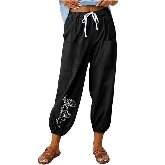 DeHolifer Womens Pants Linen 2024 Lightweight High Waisted Capris Pants Casual Loose Wide Leg Trousers with Pockets Black M