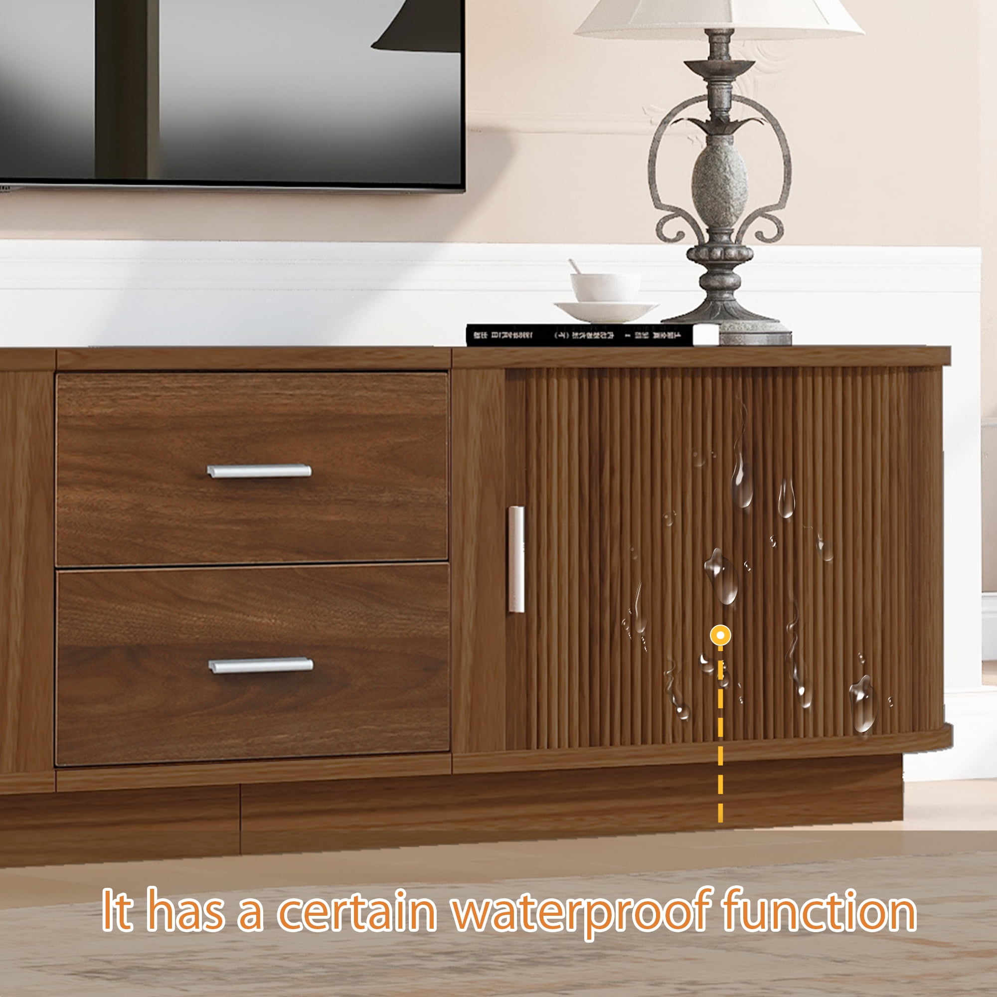 Homy Casa 70.8" TV Stand, Fluted Media Console with Drawers, Walnut Brown